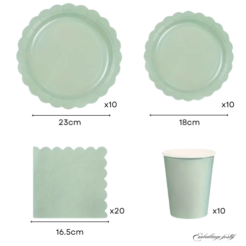 Lot de vaisselle carton vert pastel - 50 pièces