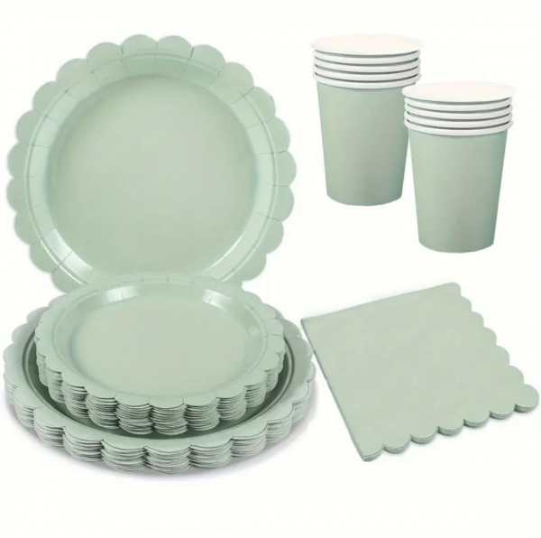 Lot de vaisselle carton vert pastel - 50 pièces