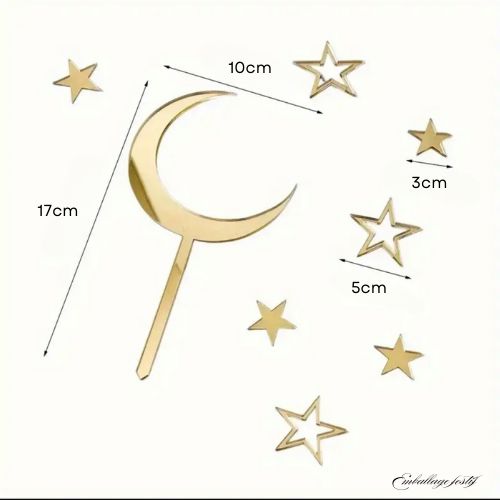 Décoration acrylique gâteau dorée en forme de lune et d’étoiles - 8 pièces