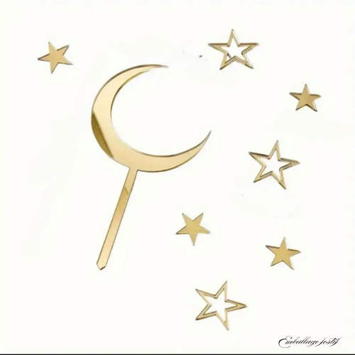 Décoration acrylique gâteau dorée en forme de lune et d’étoiles - 8 pièces